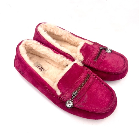 UGG Shoes - Ugg pink suede fleece-lined loafer Ansley charm slippers house shoes slip ons 7